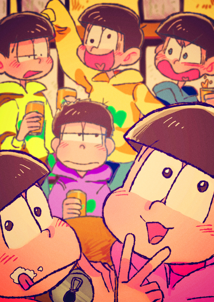 :p alternate_costume bad_id bad_pixiv_id beer_can blurry brothers can depth_of_field food food_on_face heart heart_in_mouth highres hood hoodie jitome male_focus matsuno_choromatsu matsuno_ichimatsu matsuno_juushimatsu matsuno_karamatsu matsuno_osomatsu matsuno_todomatsu multiple_boys osomatsu-kun osomatsu-san risao self_shot sextuplets siblings tongue tongue_out v wall-eyed