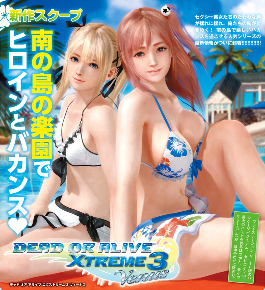 3d bikini blonde_hair box_art breasts cleavage dead_or_alive dead_or_alive_xtreme frilled_bikini frills hair_ornament hair_ribbon highres honoka_(doa) large_breasts marie_rose multiple_girls official_art pink_hair ribbon scan small_breasts swimsuit