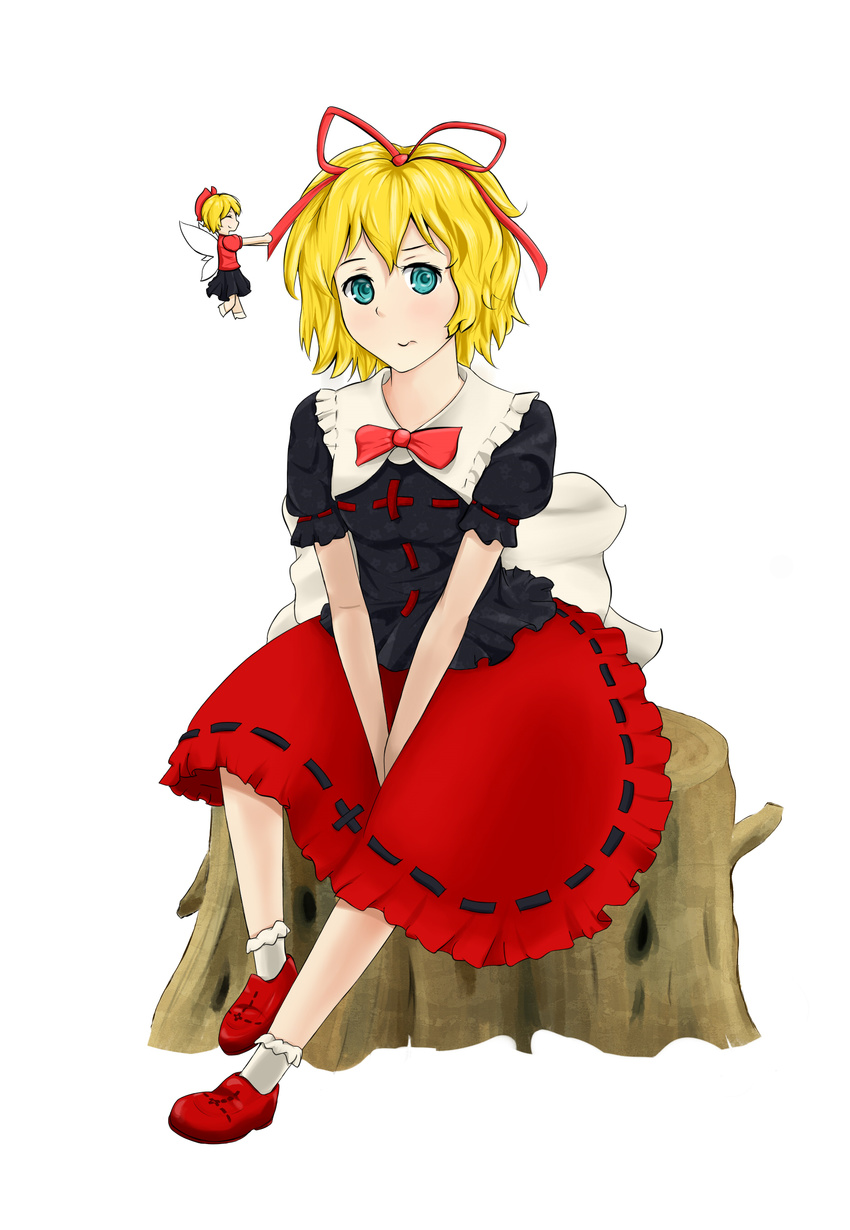 absurdres bad_source between_legs black_shirt black_skirt blonde_hair blue_eyes bow braco collar fairy_wings floral_print frilled_legwear frilled_shirt_collar frills full_body hair_bow hair_ribbon hand_between_legs highres looking_to_the_side medicine_melancholy red_footwear red_shirt red_skirt ribbon ribbon-trimmed_clothes ribbon-trimmed_skirt ribbon_trim shirt shoes short_hair simple_background sitting skirt smile socks solo su-san touhou tree_stump wavy_mouth white_background white_legwear wing_collar wings