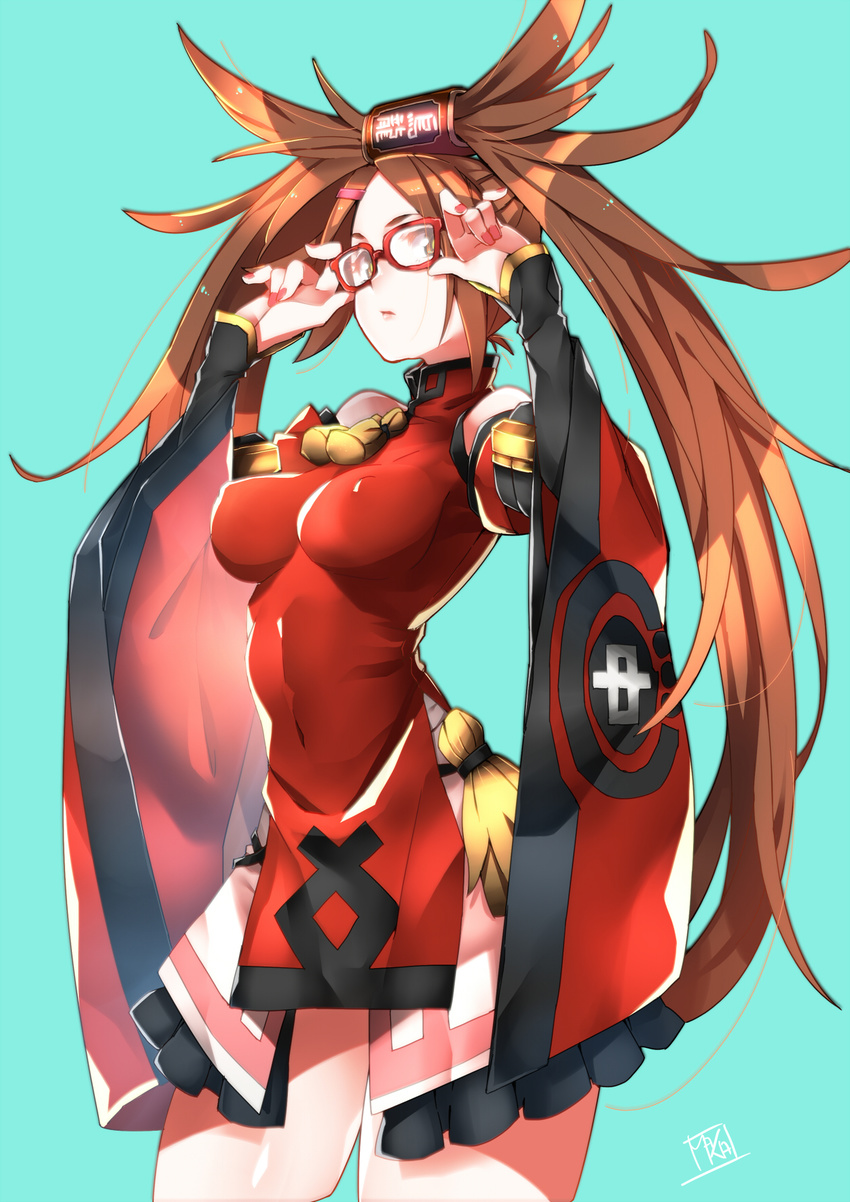 aqua_background bespectacled breasts brown_eyes brown_hair chinese_clothes covered_nipples dress glasses guilty_gear guilty_gear_xrd highres impossible_clothes impossible_dress kuradoberi_jam long_hair makai medium_breasts perky_breasts red-framed_eyewear signature simple_background solo thighs very_long_hair