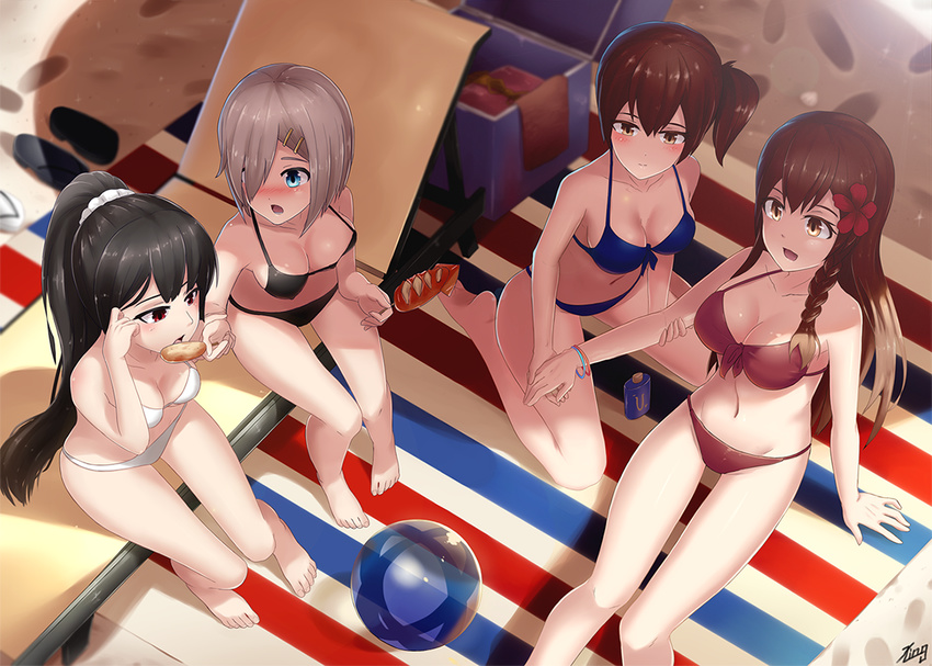 akagi_(kantai_collection) alternate_costume ball bangs barefoot beach beachball bikini black_hair blanket blue_bikini blue_eyes blush bottle bracelet braid breasts brown_eyes brown_hair bu_li cleavage feeding flip-flops flower food footprints grill groin hair_flower hair_ornament hair_over_one_eye hair_scrunchie hairclip hamakaze_(kantai_collection) holding_arm holding_hands ikayaki isokaze_(kantai_collection) jewelry kaga_(kantai_collection) kantai_collection large_breasts long_hair looking_at_viewer lotion medium_breasts multiple_girls navel outdoors ponytail red_bikini red_eyes red_flower sandals scrunchie shadow short_hair side_ponytail single_braid sitting striped sunscreen swimsuit treasure_chest very_long_hair white_bikini white_hair yellow_eyes