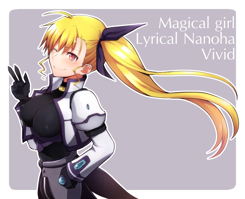 ;) ahoge bad_id bad_pixiv_id blonde_hair blush bodysuit breasts closed_mouth copyright_name covered_nipples faulds grey_background hair_ribbon hand_on_hip jacket large_breasts long_hair long_sleeves lyrical_nanoha mahou_shoujo_lyrical_nanoha_vivid nagashiro_rouge one_eye_closed puffy_sleeves red_eyes ribbon side_ponytail skin_tight smile solo v vivio