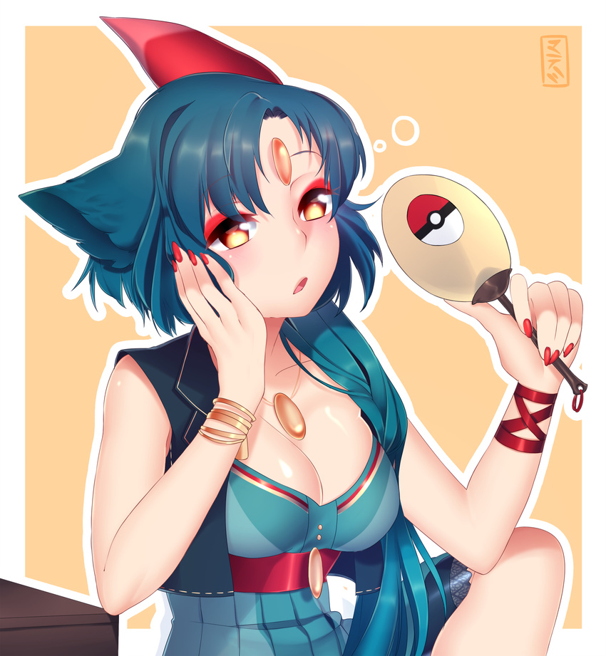 animal_ears bangle blue_hair bracelet breasts cleavage fan fingernails forehead_jewel gen_2_pokemon hand_on_own_face highres jewelry large_breasts makeup matemi nail_polish open_mouth personification pokemon short_hair sneasel solo yellow_eyes