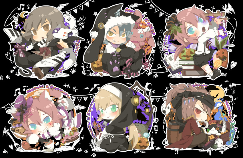 animal_ears baton_(instrument) beamed_eighth_notes bell black_background blush book brown_eyes brown_hair candle candy cat character_name crescent_moon cup eighth_note food fusion ghost glasses grin inazuma_eleven_(series) inazuma_eleven_go inazuma_eleven_go_chrono_stone jack-o'-lantern jingle_bell kariya_masaki kariya_masaki_(mixi_max_kirino_ranmaru) kirino_ranmaru kirino_ranmaru_(mixi_max_jeanne_d'arc) lollipop male_focus moon multiple_boys musical_note nun open_mouth pumpkin shindou_takuto shindou_takuto_(mixi_max_oda_nobunaga) simple_background skull smile swirl_lollipop teacup ticktack_chicken