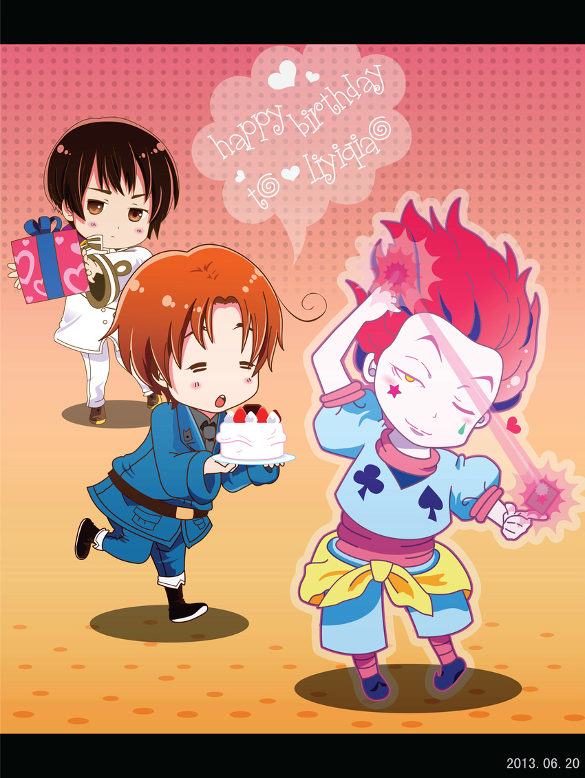 =_= absurdres axis_powers_hetalia brown_eyes brown_hair cake card chibi club_(shape) crossover dated energy food gift happy_birthday heart highres hisoka_(hunter_x_hunter) hunter_x_hunter jacket japan_(hetalia) makeup male_focus multiple_boys namikawa_daisuke necktie northern_italy_(hetalia) orange_hair pale_skin playing_card polka_dot red_hair robe seiyuu_connection shadow spade_(shape) star takahashi_hiroki x3xlll yellow_eyes