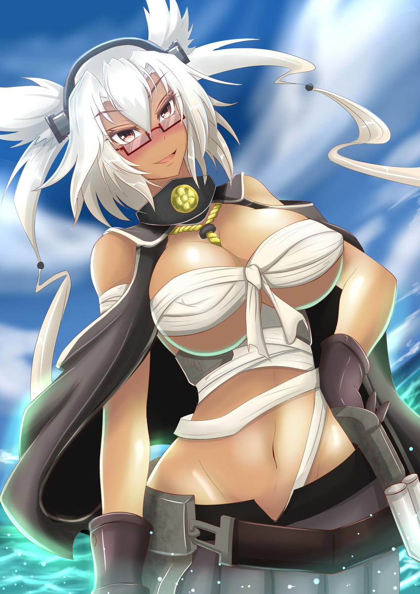 :d absurdres bare_shoulders black_gloves blonde_hair blush breasts cape cowboy_shot dark_skin dutch_angle floating_hair glasses gloves hair_between_eyes hand_on_hip highres kantai_collection large_breasts long_hair looking_at_viewer midriff musashi_(kantai_collection) navel open_mouth red-framed_eyewear red_eyes sarashi semi-rimless_eyewear smile solo torahime_(roland00) twintails under-rim_eyewear underboob very_long_hair wind