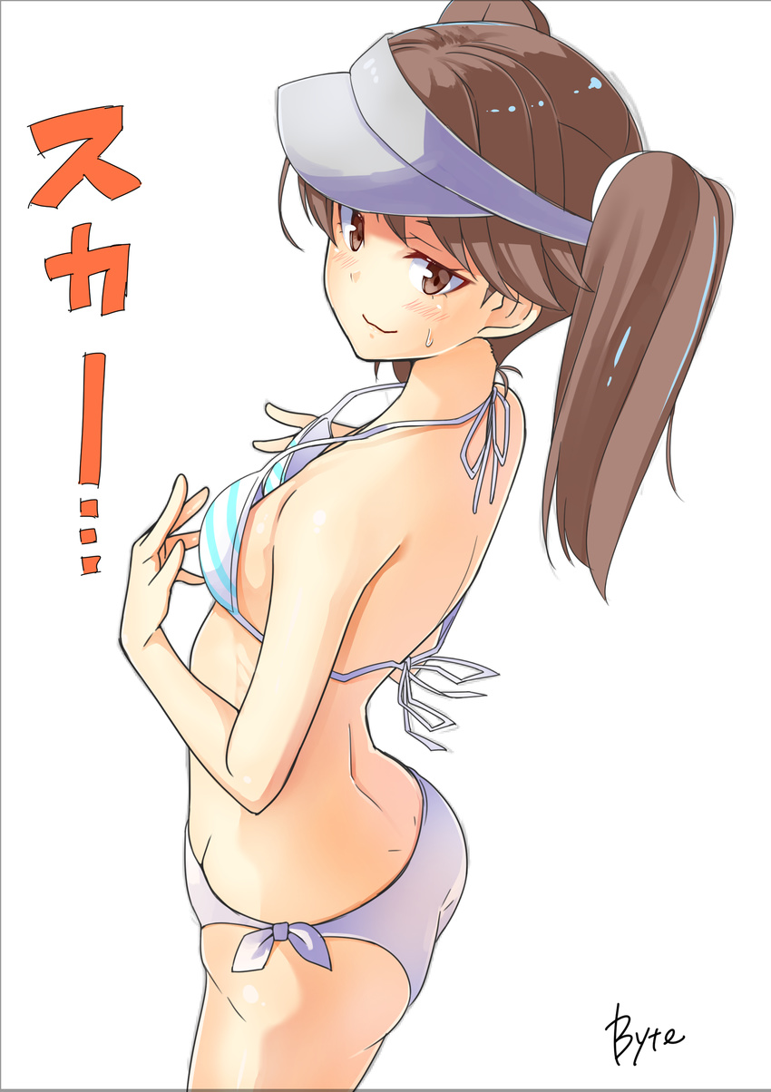 absurdres artist_name ass bikini brown_eyes brown_hair byte_(allbyte) cowboy_shot from_side hair_ornament hat highres kantai_collection long_hair looking_at_viewer oversized_breast_cup oversized_clothes ryuujou_(kantai_collection) side-tie_bikini simple_background smile solo striped striped_bikini sweatdrop swimsuit two_side_up visor_cap white_background