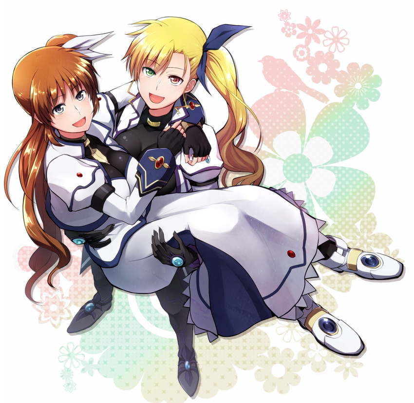 :d arm_around_neck bad_id bad_pixiv_id blonde_hair bodysuit breasts brown_hair carrying cleavage fingerless_gloves floral_background gauntlets gloves green_eyes hair_ribbon heterochromia highres large_breasts long_hair looking_at_viewer lyrical_nanoha magical_girl mahou_shoujo_lyrical_nanoha_vivid mother_and_daughter multiple_girls nagashiro_rouge open_mouth princess_carry puffy_sleeves purple_eyes red_eyes ribbon shiny shiny_clothes shiny_hair side_ponytail skin_tight skirt smile takamachi_nanoha vivio