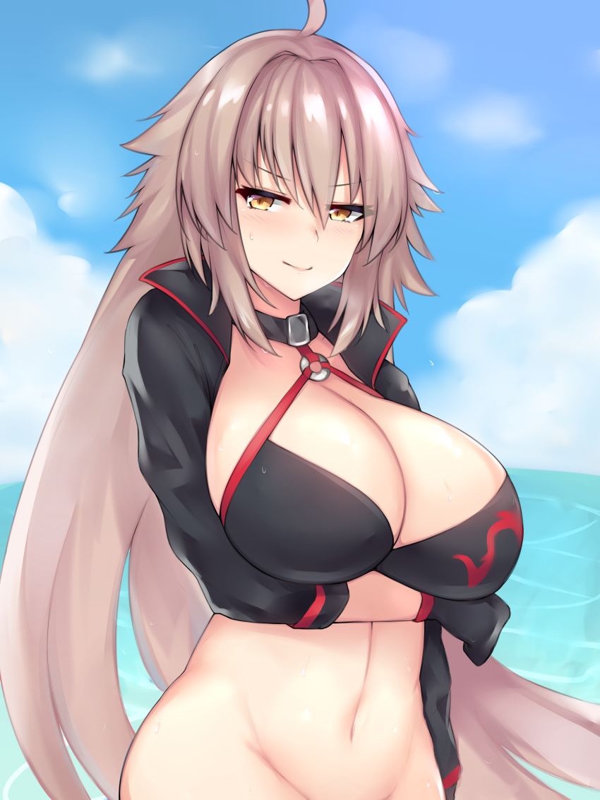 absurdres ahoge arm_at_side arm_under_breasts bangs beach bikini black_bikini black_choker black_gloves black_jacket blue_sky blush bottomless breast_hold breasts choker cleavage closed_mouth cloud cloudy_sky collarbone commentary cropped_jacket day eyebrows_visible_through_hair fate/grand_order fate_(series) gloves groin hair_between_eyes highres hips jacket jeanne_d'arc jeanne_d'arc_(alter)_(fate) jeanne_d'arc_(alter_swimsuit_berserker) jeanne_d'arc_(fate)_(all) kuavera large_breasts long_hair long_sleeves looking_at_viewer midriff navel o-ring ocean outdoors shrug_(clothing) sidelocks silver_hair sky smile solo stomach sweat swimsuit very_long_hair waist yellow_eyes