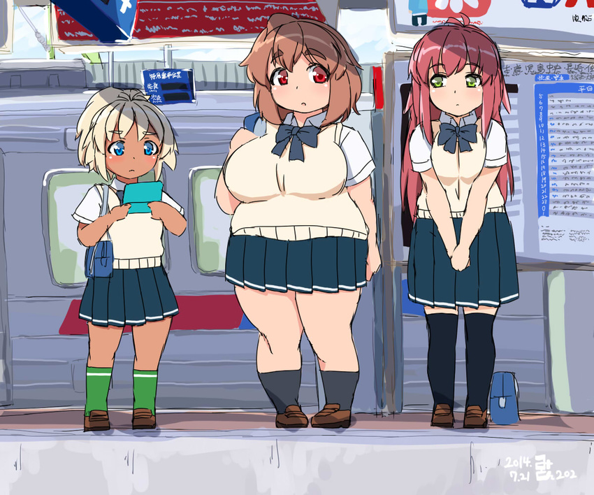 :o ahoge bag banned_artist black_legwear blonde_hair blue_eyes blush bow bowtie breast_squeeze breasts brown_hair collared_shirt eno_konoe eyebrows fat green_eyes green_legwear ground_vehicle handheld_game_console huge_breasts kneehighs large_breasts loafers long_hair looking_at_another mikomu mitaka_tsubasa multiple_girls nervous nintendo_ds obese ojiri_luna original over-kneehighs pigeon-toed playing_games pleated_skirt red_eyes red_hair school_uniform shirt shoes short_hair short_sleeves shoulder_bag size_difference skirt socks tan tareme thick_eyebrows thighhighs thighs train train_station train_station_platform v_arms very_long_hair vest zettai_ryouiki