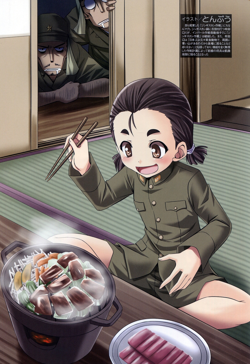 :d black_hair blush brown_eyes buttons chopsticks cooking eyebrows food genderswap genderswap_(mtf) hair_strand highres holding indian_style indoors jingisukan_(food) long_sleeves mc_axis military military_uniform mutaguchi_ren'ya non-web_source open_mouth original pants plate pocket real_life short_hair shorts sitting smile steam text_focus tonpuu translation_request twintails uniform