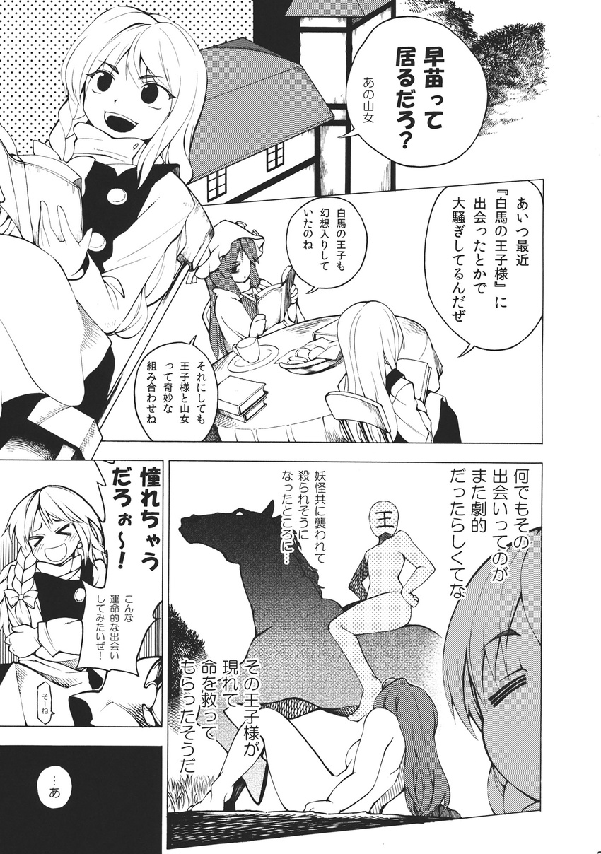 animal book chair comic cup doujinshi fuantei greyscale hat highres horse house kirisame_marisa laughing long_hair monochrome multiple_girls nude patchouli_knowledge plate pose reading scone sin_sack sitting touhou translation_request window