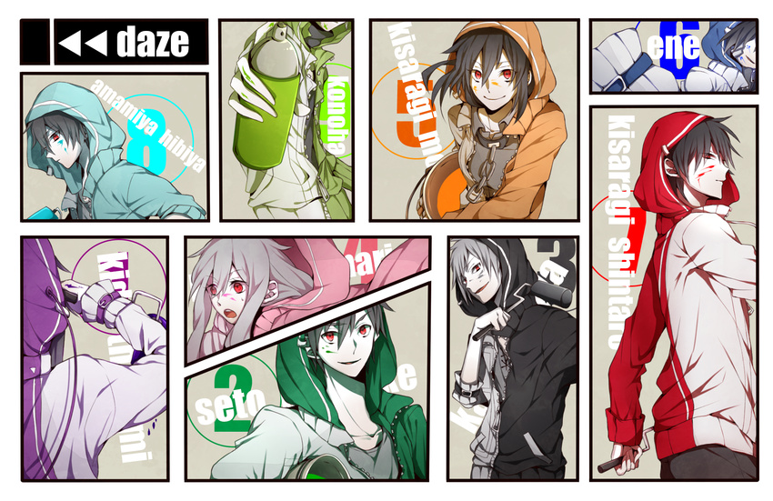 5boys alternate_costume amamiya_hibiya daze_(kagerou_project) ene_(kagerou_project) headphones highres hood hoodie kagerou_project kano_shuuya kido_tsubomi kisaragi_momo kisaragi_shintarou konoha_(kagerou_project) kozakura_marry long_hair multiple_boys multiple_girls out_of_frame paint_on_face red_eyes short_hair spray_can tknsh_(takanashi_10)