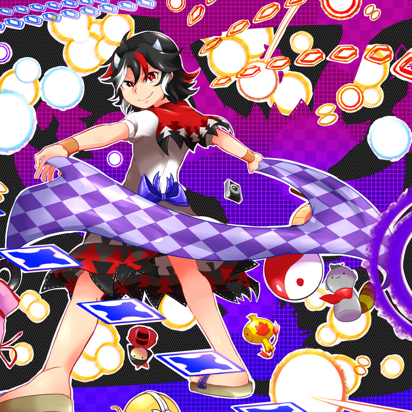 black_hair camera checkered checkered_background danmaku doll highres horns impossible_spell_card kijin_seija mallet multicolored_hair red_eyes red_hair shikushiku_(amamori_weekly) short_hair solo streaked_hair touhou two-tone_hair yin_yang