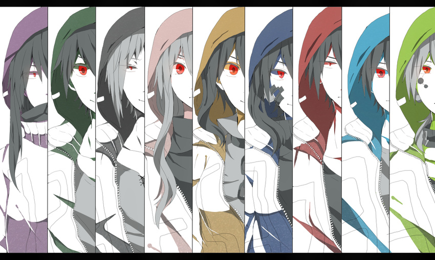 5boys amamiya_hibiya column_lineup daze_(kagerou_project) ene_(kagerou_project) headphones hood hoodie kagerou_project kano_shuuya kido_tsubomi kisaragi_momo kisaragi_shintarou konoha_(kagerou_project) kozakura_marry lineup long_hair looking_at_viewer multiple_boys multiple_girls pillar pirika_(rm0315) red_eyes seto_kousuke short_hair spot_color