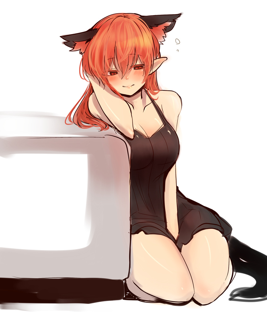 alternate_costume alternate_hairstyle animal_ears blush breasts cat_ears cleavage extra_ears hair_down highres kaenbyou_rin large_breasts long_hair mizuga pointy_ears red_eyes red_hair simple_background sketch solo tail touhou white_background
