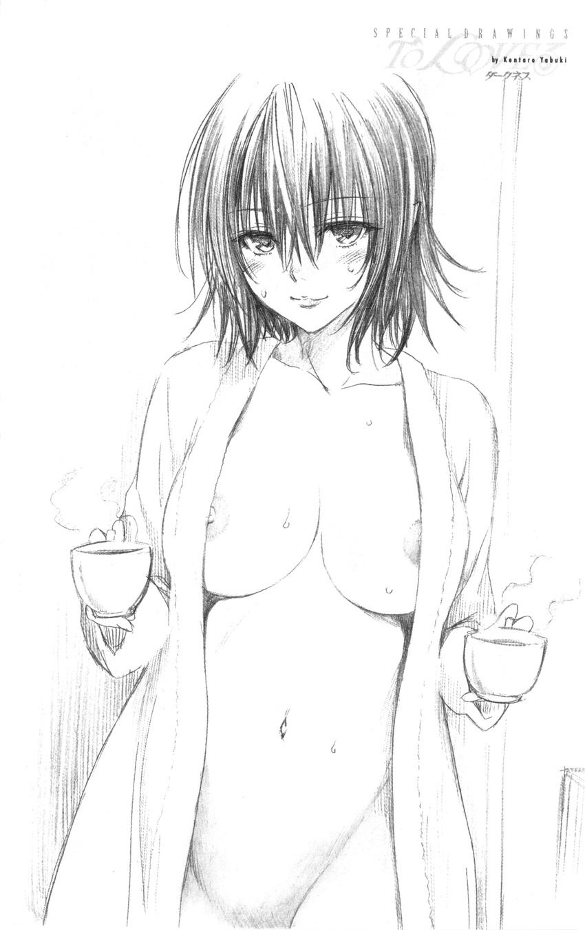 absurdres bathrobe breasts coffee greyscale highres huge_breasts light_smile mikado_ryouko monochrome naked_robe naughty_face navel nipple_slip nipples official_art out-of-frame_censoring pointy_ears scan sketch smile solo to_love-ru to_love-ru_darkness traditional_media wet yabuki_kentarou