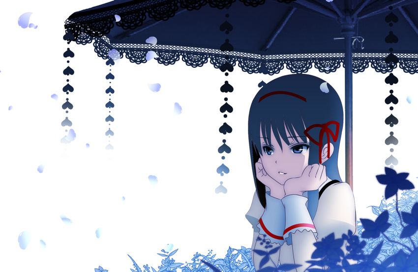 akemi_homura alternate_eye_color arm_support black_hair blue_eyes cherry_blossoms hair_ribbon head_rest heart long_hair mahou_shoujo_madoka_magica mahou_shoujo_madoka_magica_movie petals ribbon school_uniform simple_background smile solo spoilers susisasimi umbrella white_background