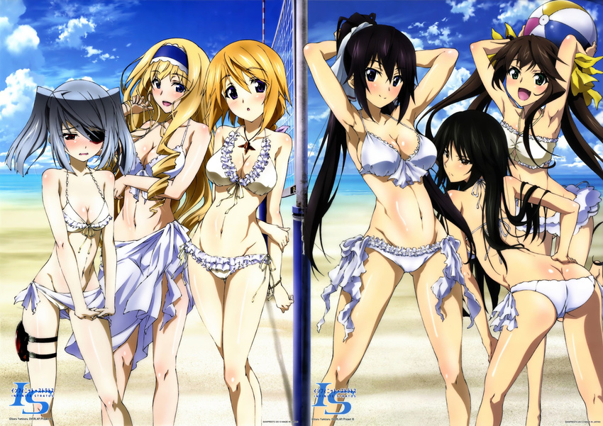 arm_behind_back arm_support armpits ass ball beach beachball bent_over bikini blue_sky breasts butt_crack cecilia_alcott charlotte_dunois cleavage cloud collarbone day eyepatch frilled_skirt frills groin hair_ribbon headdress highres horizon huang_lingyin infinite_stratos large_breasts laura_bodewig leg_garter long_hair long_legs midriff multiple_girls navel ocean official_art open_mouth orimura_madoka outdoors ribbon sand sarong shinonono_houki short_hair side-tie_bikini skirt sky smile standing stomach swimsuit volleyball_net water white_swimsuit