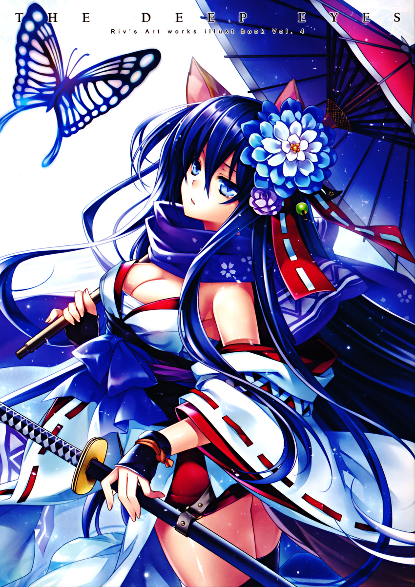 absurdres animal_ears black_legwear blue_eyes blue_hair breasts bug butterfly cleavage detached_sleeves flower hair_flower hair_ornament highres huge_filesize insect japanese_clothes katana large_breasts long_hair looking_at_viewer oriental_umbrella original ribbon-trimmed_sleeves ribbon_trim riv scan solo sword thighhighs umbrella weapon