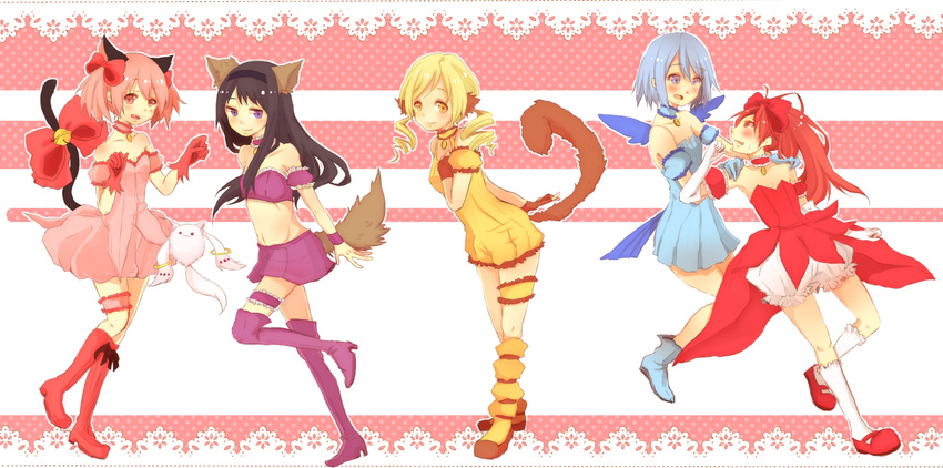 akemi_homura animal_ears bad_id bad_pixiv_id bare_shoulders bell black_hair blonde_hair blue_eyes blue_hair boots bow cat_ears cat_tail choker cosplay detached_sleeves dog_ears dog_tail drill_hair eye_contact fairy_wings garters gloves hair_bow hair_ornament hairband hairclip high_heels highres ikku_(c9h2x) kaname_madoka kemonomimi_mode kyubey long_hair looking_at_another looking_at_viewer looking_back magical_girl mahou_shoujo_madoka_magica mew_ichigo mew_ichigo_(cosplay) mew_mint mew_mint_(cosplay) mew_pudding mew_pudding_(cosplay) mew_ringo mew_ringo_(cosplay) mew_zakuro mew_zakuro_(cosplay) miki_sayaka miniskirt momomiya_ichigo multiple_girls parody pink_choker pink_eyes pink_hair ponytail puffy_detached_sleeves puffy_sleeves purple_eyes red_eyes red_hair sakura_kyouko short_hair short_twintails skirt tail tail_bell tail_bow tokyo_mew_mew tomoe_mami twin_drills twintails wings wolf_ears wolf_tail