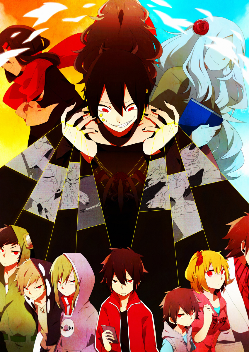 6+girls amamiya_hibiya azami_(kagerou_project) black_hair blonde_hair blood brown_hair dark_konoha green_hair heterochromia highres hood hoodie kagerou_project kano_shuuya kido_tsubomi kisaragi_momo kisaragi_shintarou konoha_(kagerou_project) kozakura_marry kozakura_shion long_hair multiple_boys multiple_girls ponita red_eyes school_uniform serafuku seto_kousuke short_hair side_ponytail smirk string tateyama_ayano tateyama_kenjirou tears