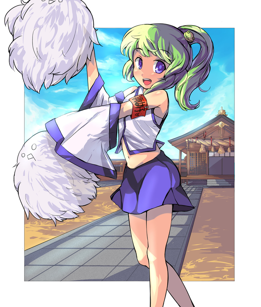 absurdres armband armpits blue_eyes cheerleader detached_sleeves green_hair highres kedama kochiya_sanae navel ponytail rope saiste shimenawa shrine solo touhou