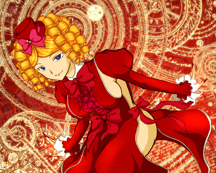 blonde_hair blue_eyes bow breasts curly_hair fingernails gaap hat large_breasts magic_circle mini_hat mini_top_hat mm17 octagram pink_bow sideboob solo star_of_lakshmi top_hat umineko_no_naku_koro_ni