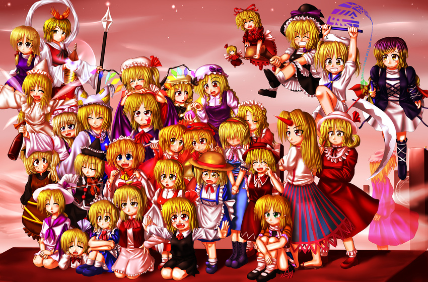 aki_minoriko aki_shizuha alice_margatroid anchor_symbol apron ascot bangs bishamonten's_pagoda bishamonten's_spear blonde_hair blush boots bow bowtie broom broom_riding clenched_hands clenched_teeth closed_eyes color_connection cross-laced_footwear crossed_arms drunk elis_(touhou) ellen elly eyebrows eyebrows_visible_through_hair fairy_wings fang flandre_scarlet frilled_ascot frills frown gengetsu gradient_hair green_eyes hair_between_eyes hair_bow hair_color_connection hair_ornament hair_over_eyes hair_ribbon hands_on_another's_shoulders hat hat_bow hat_removed hat_ribbon headwear_removed highres hijiri_byakuren holding holding_scythe horn hoshiguma_yuugi instrument kana_anaberal kirisame_marisa kitashirakawa_chiyuri kneeling knees_to_chest kurodani_yamame kurumi_(touhou) lace-up_boots lily_white long_hair long_sleeves luize luna_child lunasa_prismriver maribel_hearn medicine_melancholy mizuhashi_parsee mob_cap momento_(momentia20) moriya_suwako mugetsu multicolored_hair multiple_girls odd_one_out ofuda open_mouth outstretched_arms pillow_hat pink_neckwear puffy_short_sleeves puffy_sleeves purple_bow purple_eyes purple_hair red_bow red_eyes red_ribbon ribbon ribbon-trimmed_skirt ribbon-trimmed_sleeves ribbon_trim rumia scythe shanghai_doll short_hair short_sleeves smile sorcerer's_sutra_scroll star su-san sunny_milk sweatdrop teeth toramaru_shou touhou touhou_(pc-98) v violin waist_apron watatsuki_no_toyohime wide_sleeves wings witch_hat yakumo_ran yakumo_yukari yellow_eyes yuki_(touhou) yumeko