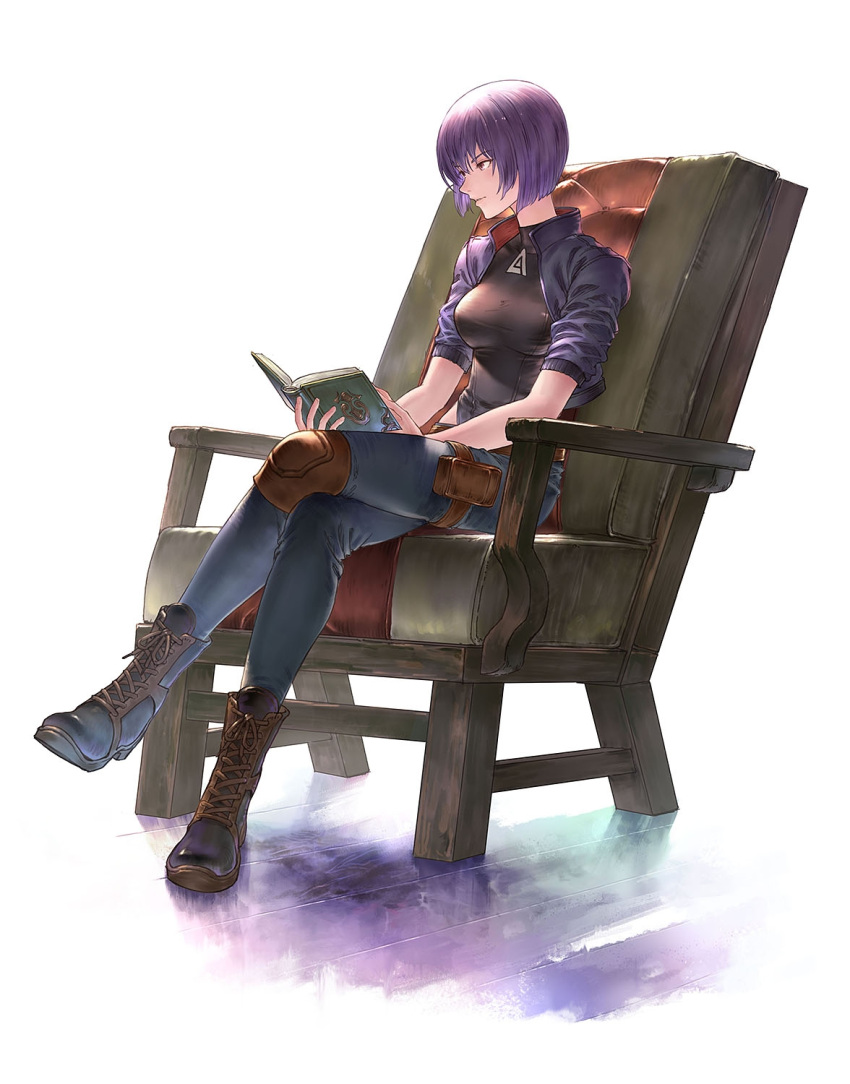 1girl black_shirt boots breasts chair crossed_legs full_body ghost_in_the_shell ghost_in_the_shell:_sac_2045 grey_pants highres holding holster jacket knee_pads kusanagi_motoko medium_breasts open_clothes open_jacket pants parted_lips purple_hair purple_jacket red_eyes renyu1012 shirt short_hair sitting solo straight_hair thigh_holster