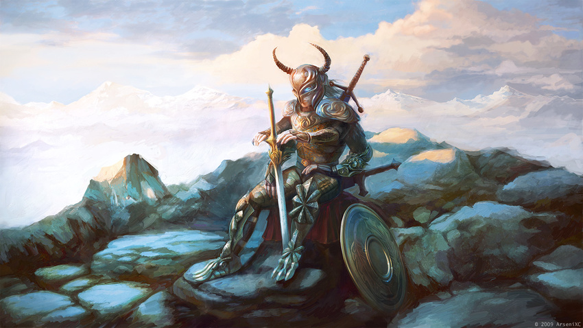 armor arsenixc bad_id bad_pixiv_id blue_eyes copyright_request horns male_focus mountain multiple_arms shield solo sword weapon