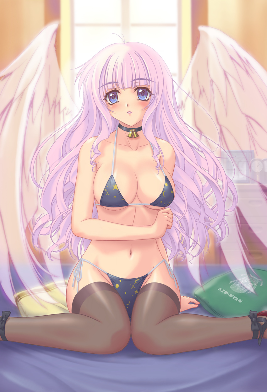 absurdres angel bell bikini blue_eyes breasts choker cleavage copyright_request highres large_breasts long_hair navel pink_hair r1 solo swimsuit thighhighs window wings