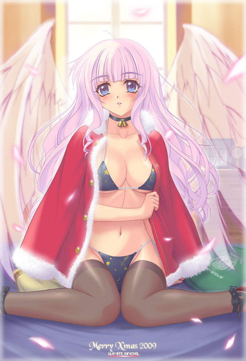 2009 absurdres angel bell bikini blue_eyes breasts choker christmas cleavage coat copyright_request feathers highres large_breasts long_hair navel pink_hair r1 side-tie_bikini solo swimsuit thighhighs window wings