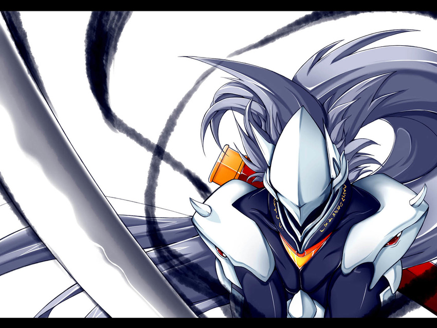 blazblue hakumen letterboxed long_hair mad_(hazukiken) male_focus mask solo sword weapon white_hair