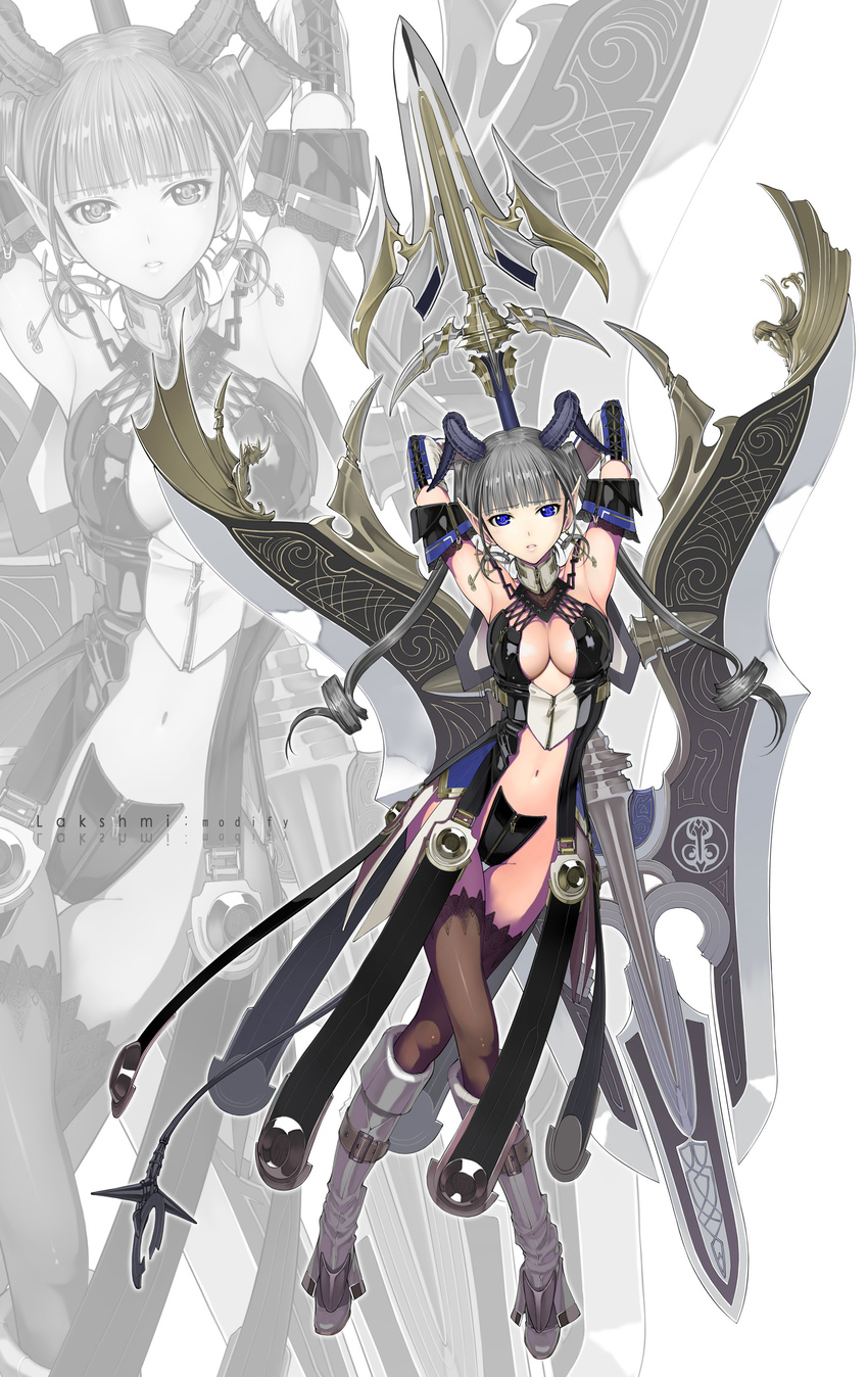 absurdres armpits arms_up bad_id bad_pixiv_id blue_eyes boots breasts cleavage demon_girl earrings elbow_gloves gloves grey_hair highres horns huge_weapon jewelry long_hair medium_breasts nakabayashi_reimei navel original pointy_ears solo sword thigh_gap thighhighs twintails weapon zipper zoom_layer