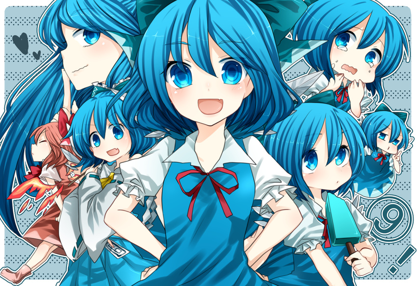 &gt;:) 1girl :d achi_cirno alternate_color alternate_element alternate_hair_color alternate_hair_length alternate_hairstyle amaya_enaka bad_id bad_pixiv_id blue_dress blue_eyes blue_hair chibi cirno cosplay detached_sleeves dress fang fiery_wings finger_to_mouth food hakurei_reimu hakurei_reimu_(cosplay) hands_on_hips heart long_hair multiple_persona neck_ribbon o3o ofuda open_mouth pointing popsicle ribbon skirt smile tears touhou v-shaped_eyebrows wavy_mouth white_sleeves wings