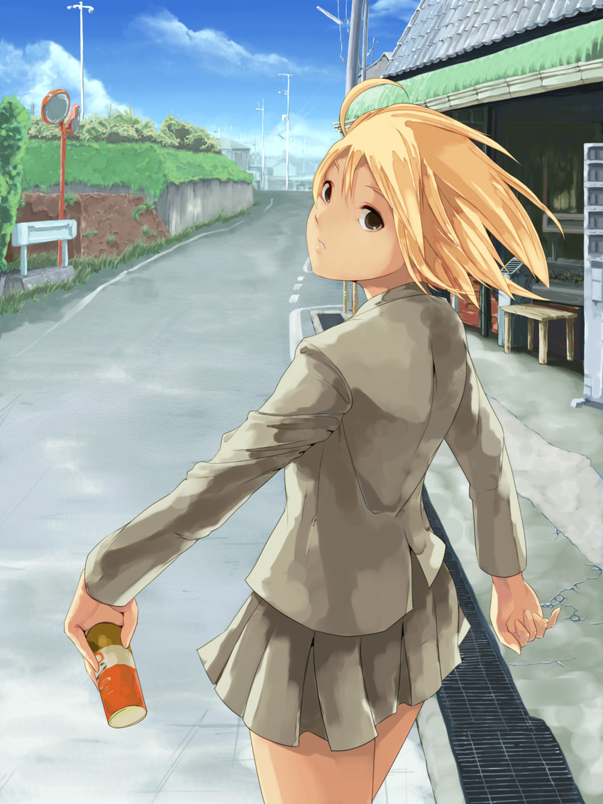 ahoge blazer blonde_hair brown_eyes can cloud crack day drain_(object) dress drink from_behind grass hako_(daibanchou) highres jacket looking_at_viewer looking_back mirror original parted_lips pleated_skirt power_lines road shop short_hair skirt sky solo street telephone_pole transformer vanishing_point vending_machine