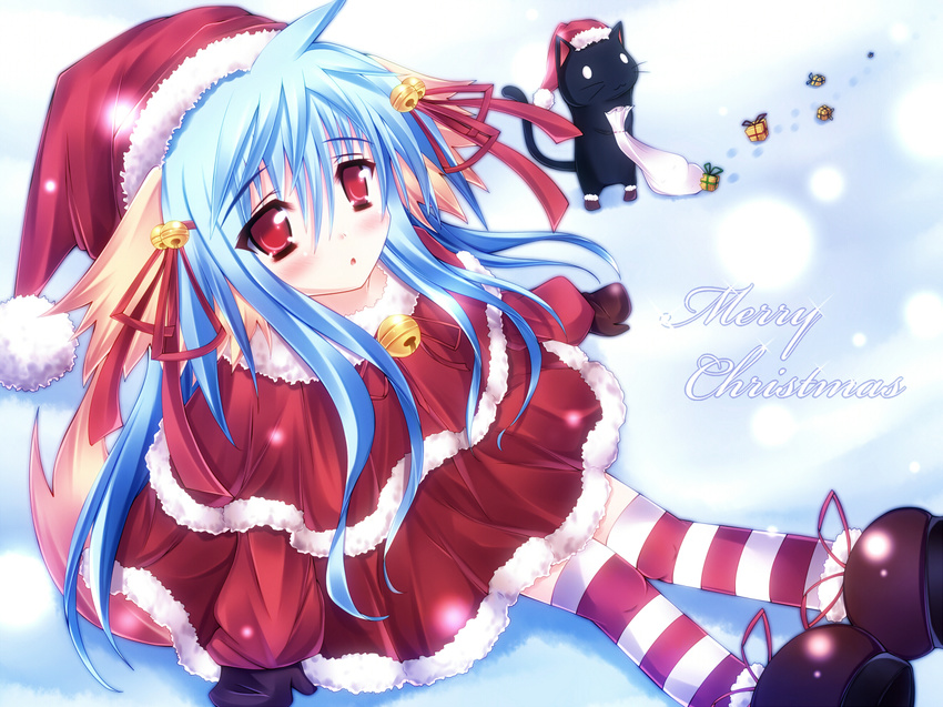 animal_ears bad_id bad_pixiv_id bell bell_collar blue_hair cat child christmas collar gloves hair_bell hair_ornament hat jingle_bell mikan_(5555) nursery_rhyme red_eyes santa_costume shikishima_krile snow solo striped striped_legwear tail thighhighs