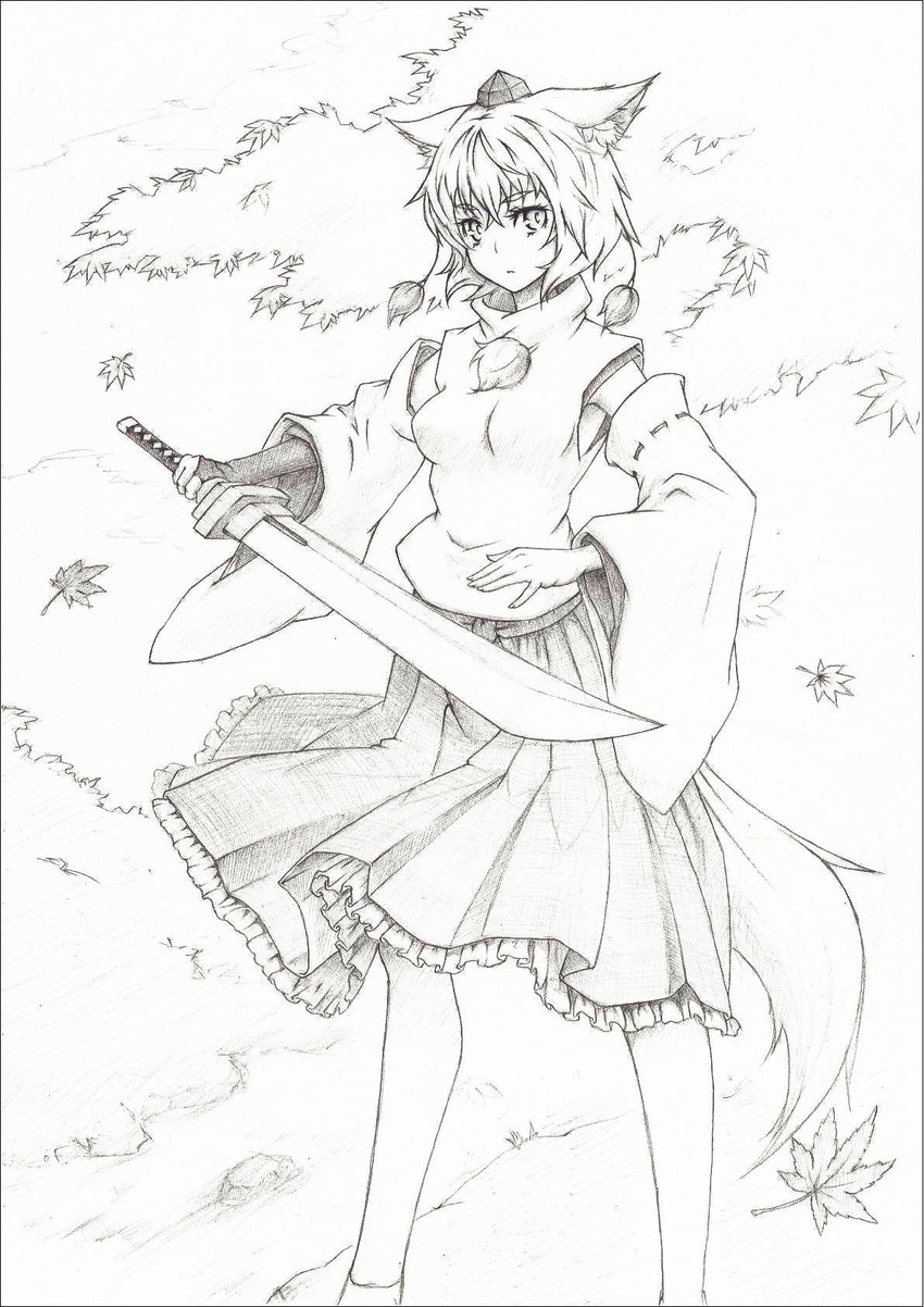 9gennfox animal_ears bad_id bad_pixiv_id detached_sleeves greyscale hat highres inubashiri_momiji leaf maple_leaf monochrome solo sword tokin_hat touhou traditional_media weapon wolf_ears