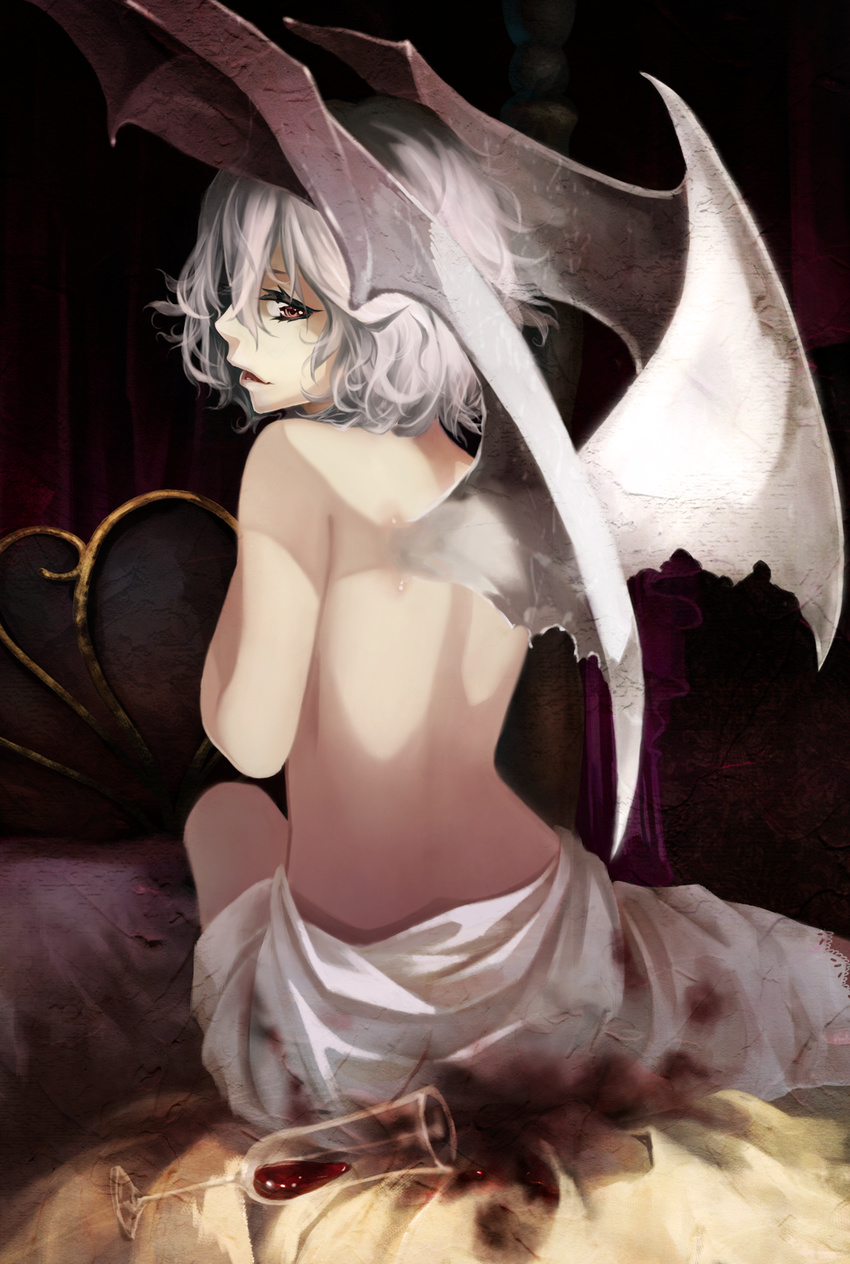 akakitsu back bad_id bad_pixiv_id bat_wings bed blood blood_stain canopy_bed cup drinking_glass highres looking_at_viewer looking_back no_hat no_headwear on_bed partially_undressed red_eyes remilia_scarlet silver_hair sitting sitting_on_bed solo topless touhou vampire white_hair wine_glass wings