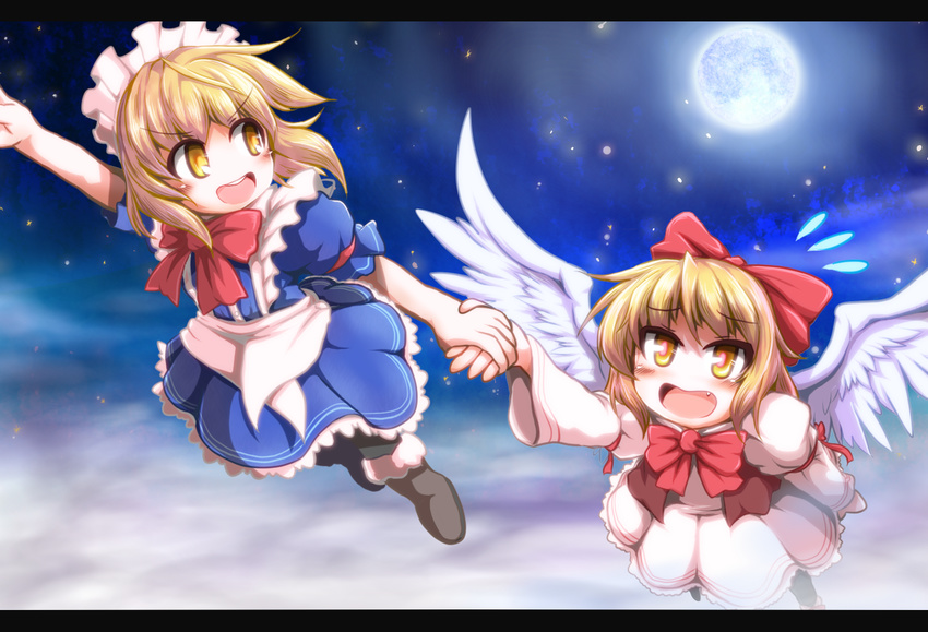 blonde_hair boots bow cloud fang flying full_moon gengetsu hair_bow holding_hand holding_hands long_sleeves maid maid_headdress moon mugetsu multiple_girls night night_sky open_mouth puffy_short_sleeves puffy_sleeves red_bow red_ribbon ribbon short_hair short_sleeves sky sore_(whirlwind) star_(sky) starry_sky touhou touhou_(pc-98) wings yellow_eyes