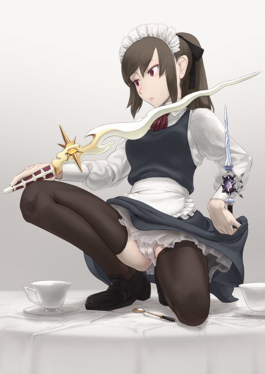 apron bangs black_legwear brown_hair cameltoe closed_mouth cup dress dress_lift dual_wielding eyebrows_visible_through_hair full_body gradient gradient_background grey_background hair_ribbon highres holding knees_apart_feet_together knife lace lips loafers long_hair long_sleeves looking_to_the_side maid maid_headdress musen-shiki_sanhankikan on_table one_knee original panties pantyshot pantyshot_(one_knee) petticoat plate ponytail puffy_long_sleeves puffy_sleeves red_eyes ribbon shoes sidelocks simple_background solo spread_legs swept_bangs sword table tablecloth teacup teaspoon thighhighs tsurime underwear waist_apron weapon