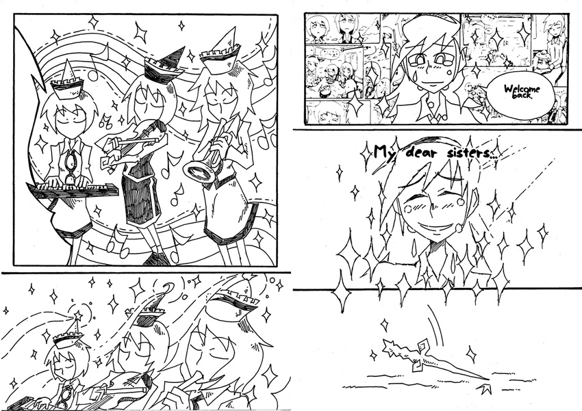 baton_(instrument) beamed_eighth_notes bow_(instrument) closed_eyes comic eighth_note english flashback greyscale instrument keyboard_(instrument) layla_prismriver long_hair lunasa_prismriver lyrica_prismriver merlin_prismriver monochrome multiple_girls musical_note reverse_translation setz short_hair smile sparkle staff_(music) tears touhou trumpet violin