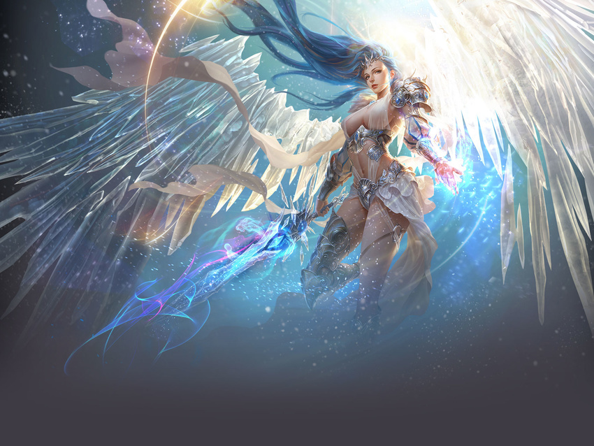 angel angel_wings blue_eyes blue_hair highres large_wings league_of_angels long_hair navel official_art realistic rike_lee see-through solo sword weapon wings