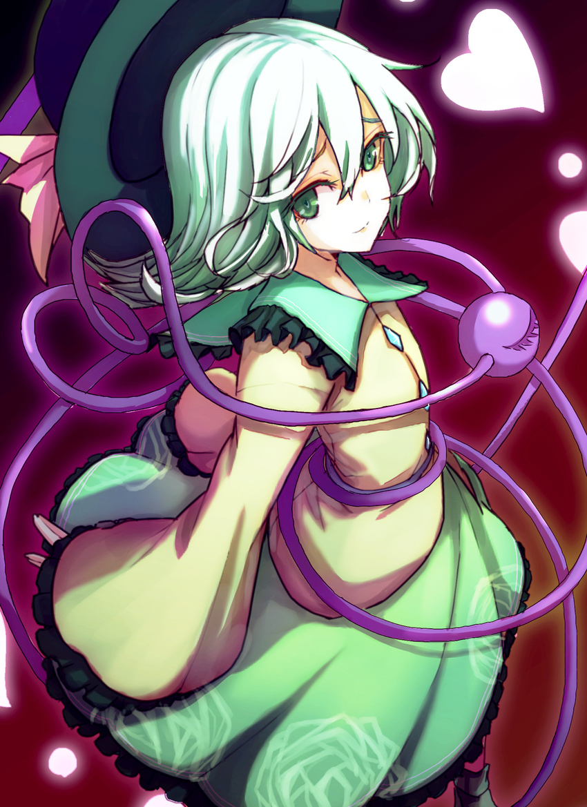 bow green_eyes green_hair hat hat_bow heart highres komeiji_koishi kuronuko_neero solo third_eye touhou wide_sleeves