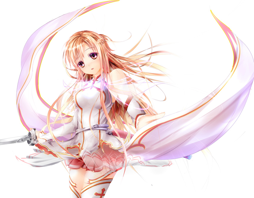 absurdres asuna_(sao) breastplate brown_eyes brown_hair garyljq highres long_hair school_uniform sword sword_art_online thighhighs weapon