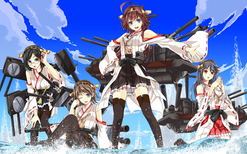 :d :o ;d ahoge bare_shoulders black_hair boots brown_hair detached_sleeves dojikko_pose double_bun frilled_skirt frills glasses hair_ornament hairband hand_on_own_knee hands_together haruna_(kantai_collection) hiei_(kantai_collection) highres ivuki japanese_clothes kantai_collection kirishima_(kantai_collection) kongou_(kantai_collection) long_hair multiple_girls nontraditional_miko one_eye_closed open_mouth pantyhose ribbon-trimmed_sleeves ribbon_trim short_hair skirt smile thigh_boots thighhighs water zettai_ryouiki