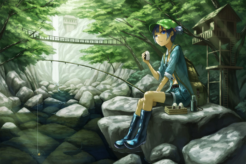 backpack bag bangs baseball_cap basket bike_shorts bike_shorts_under_shorts blue_eyes blue_hair boots bridge canteen dappled_sunlight denim denim_jacket denim_shorts eating fish fishing fishing_rod food food_on_face foot_dangle forest from_side full_body hair_bobbles hair_ornament hat holding holding_food jacket kawashiro_nitori kurione_(zassou) ladder light_rays looking_at_viewer looking_to_the_side midriff nature navel no_socks onigiri open_clothes open_jacket outdoors rice rice_on_face rock rubber_boots short_hair short_shorts short_twintails shorts sitting sitting_on_rock solo stream sunbeam sunlight touhou tree treehouse twintails water waterfall
