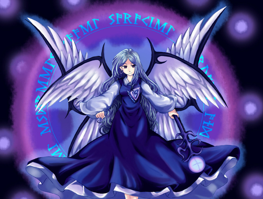 angel_wings blue blue_dress blue_hair dress earrings jewelry long_hair looking_at_viewer multiple_wings muutzi sariel solo touhou touhou_(pc-98) wings