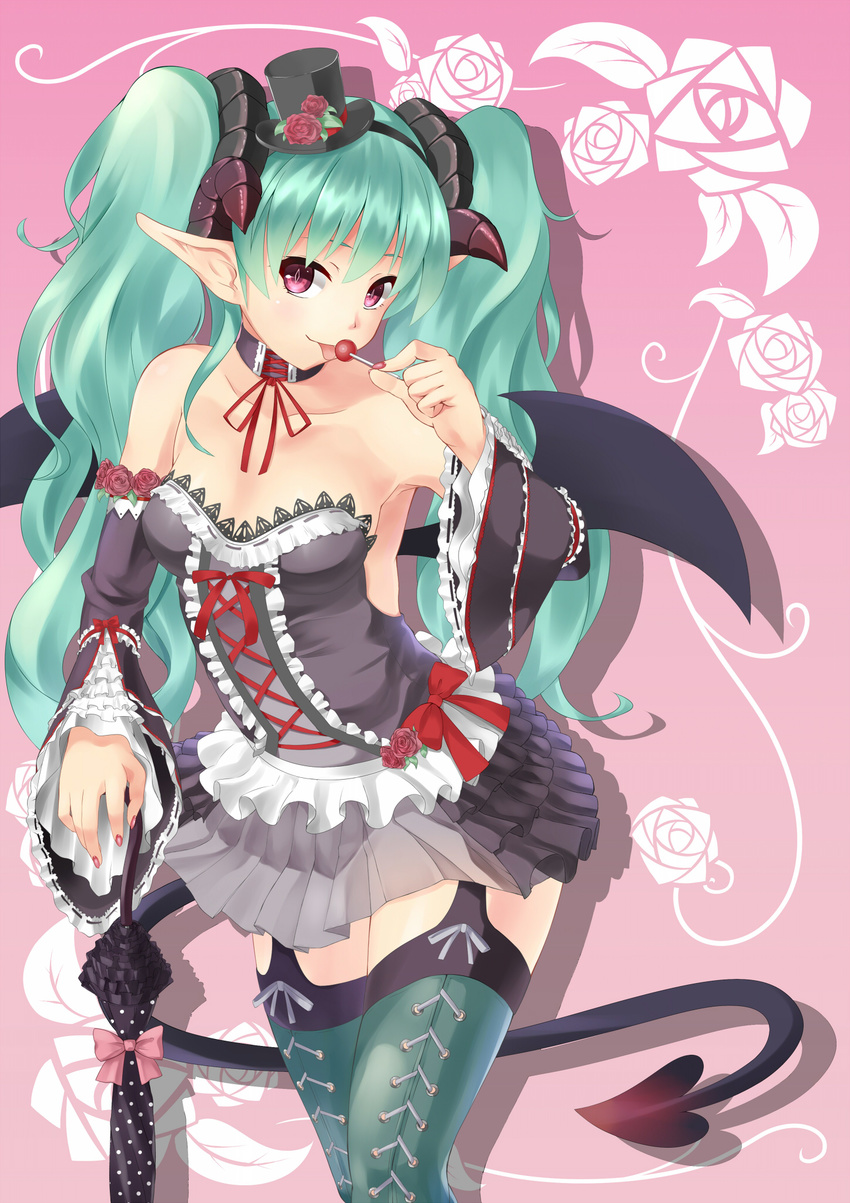 armpits candy choker closed_umbrella corset demon_horns demon_tail detached_sleeves food garter_straps green_hair hat hatsune_miku highres horns licking lollipop long_hair looking_at_viewer mini_hat mini_top_hat nail_polish pink_background planted_umbrella pointy_ears polka_dot polka_dot_umbrella purple_eyes skirt solo tail thighhighs tongue top_hat toumin twintails umbrella vocaloid wings